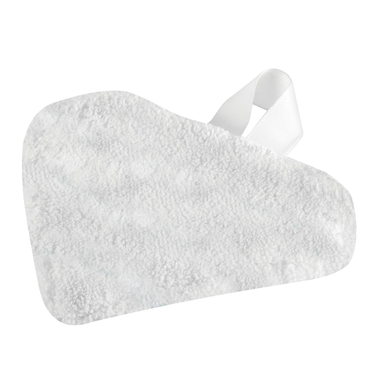 BLACKDECKER BHSM168D white triangular microfiber steam mop pad with fabric loop, top view, on white background.