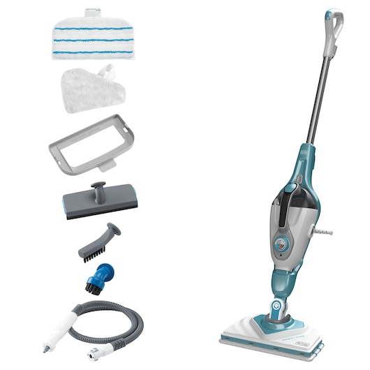 BLACKDECKER BHSM168U steam mop with blue and white design, shown with multiple cleaning attachments and accessories, front angle.