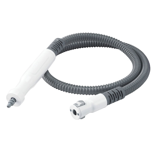 BLACKDECKER BHSM168U steam cleaner accessory hose, gray and white, coiled, photography, front angle.