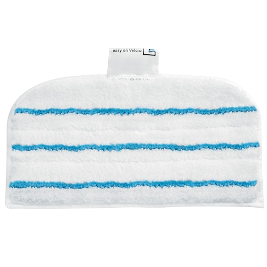 BLACKDECKER BHSM168U white steam mop pad with blue stripes, photographed from front on white background.