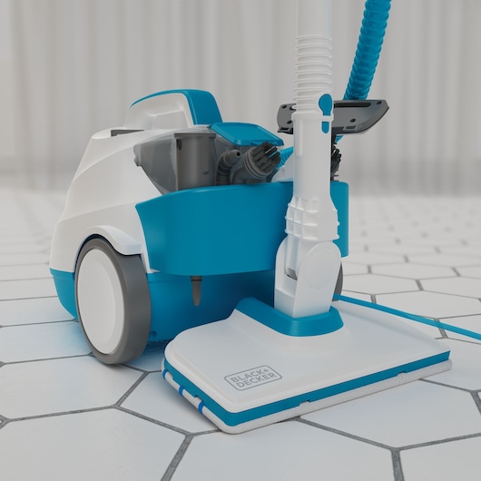 Photo of BLACKDECKER BHSMP2008 steam mop on white tile floor, white and blue design, angled view.
