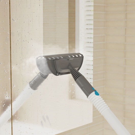 BLACKDECKER BHSMP2008 steam cleaner cleaning glass shower door with grey and white handle, photography of product in use.