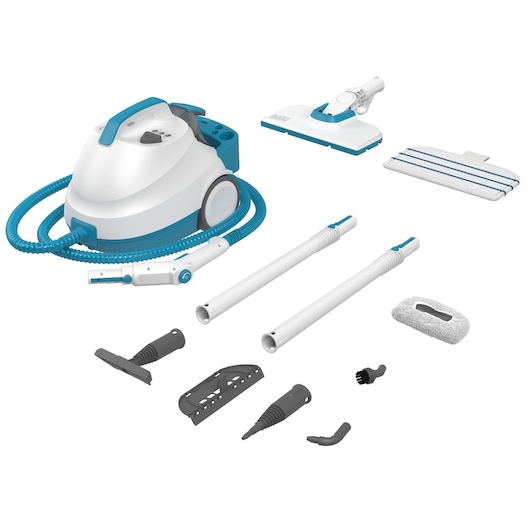BLACKDECKER BHSMP2008 steam cleaner with blue and white design, accessories and attachments, white background, product photography.