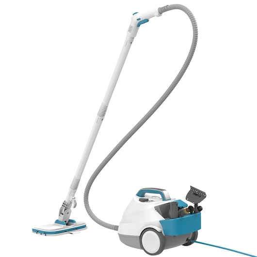 BLACKDECKER BHSMP2314 steam cleaner with long hose, mop head, and accessory compartment, side angle.