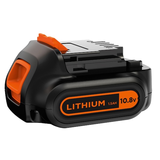 BLACKDECKER BL1512 lithium 10.8v 1.5Ah power tool battery, black and orange, front angle on white.