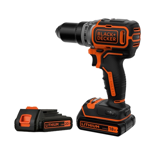 BLACK+DECKER cordless power drill with brushless motor, featuring orange and black design, shown with two lithium batteries (18V and 20V) on a white background.