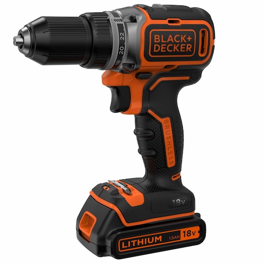 BLACK+DECKER 18V cordless brushless power drill with a lithium 1.5Ah battery, featuring an ergonomic black and orange design.