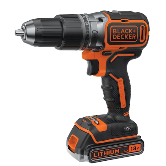 A BLACK+DECKER cordless drill with an 18V lithium battery. The drill is orange and black, and features a brushless motor. The drill has an ergonomic handle and visible branding on the side.