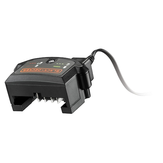 BLACK+DECKER BL188E2K compact black battery charger with LED indicators, front angle on white background.