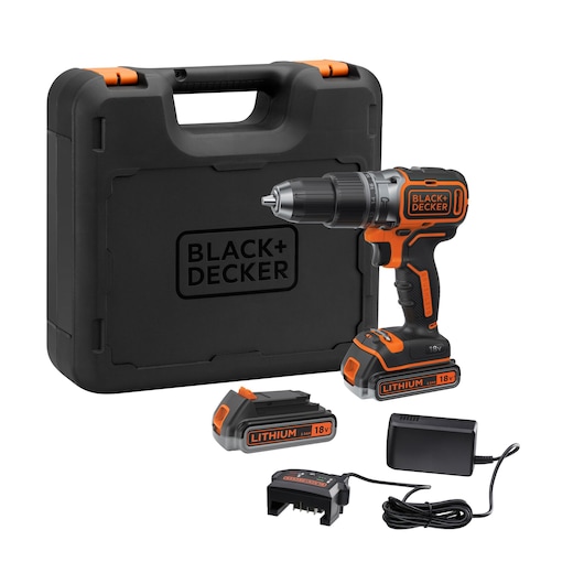 BLACK+DECKER BL188E2K cordless drill set with black and orange drill, two 18V lithium batteries, charger, and hard case, front angle.