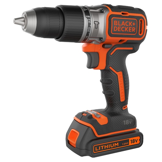A BLACK+DECKER BL188K brushless cordless drill with an 18V lithium battery, featuring an ergonomic black and orange design.