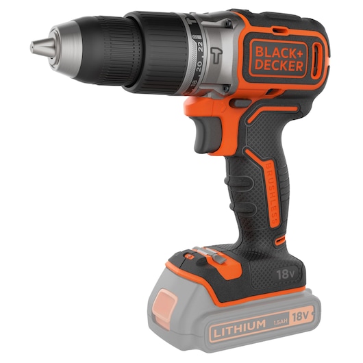 A BLACK+DECKER 18V cordless brushless drill driver, shown without the battery attached. The drill features orange and black colors, a textured grip, and labeled controls.