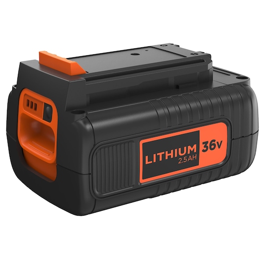 BLACKDECKER BL2536 lithium battery 36V 2.5Ah, black and orange, angled view, photography