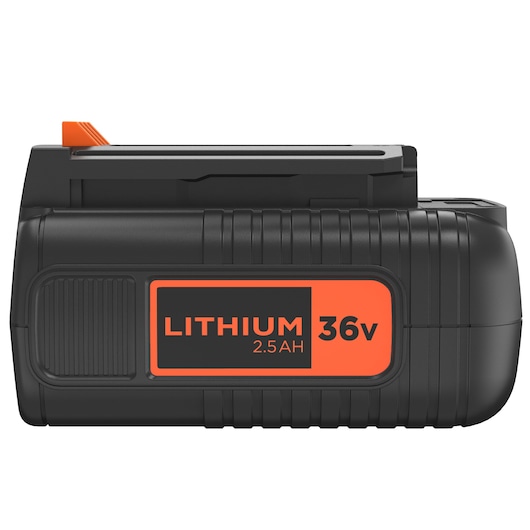 A BLACK+DECKER 36V lithium-ion battery pack with 2.5Ah capacity, shown from the side with orange and black labeling.