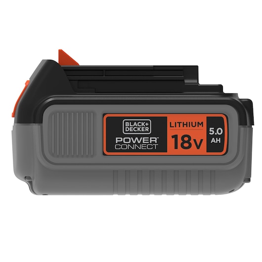 Close-up image of a BLACK+DECKER Power Connect lithium battery, 18V 5.0Ah, grey and black with orange label.