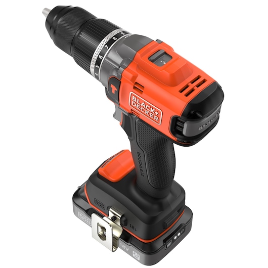 Black+Decker cordless, brushless power drill with an 18V battery, featuring a black and orange design, visible settings dial, and ergonomic grip.