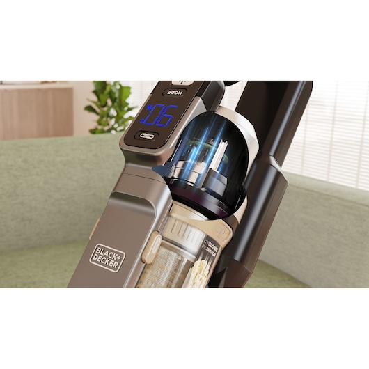 BLACK+DECKER BSV520BL2P vacuum cleaner close-up, showing digital display and filter system.