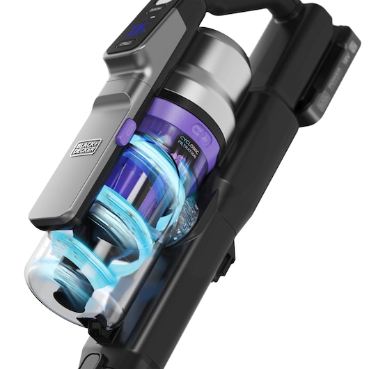 BLACK+DECKER BSV520BRP cordless stick vacuum, close-up of transparent dust container with cyclonic filtration, angled view.