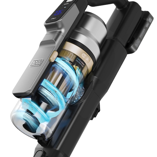 BLACK+DECKER BSV525BLP cordless vacuum cleaner side angle, showing transparent cyclone filter and control panel.
