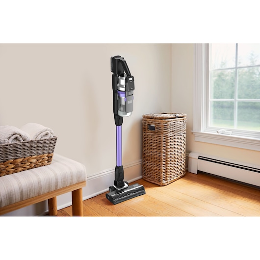 BLACKDECKER BSV525BRP stick vacuum cleaner with purple tube standing upright in a bright room next to wicker basket.