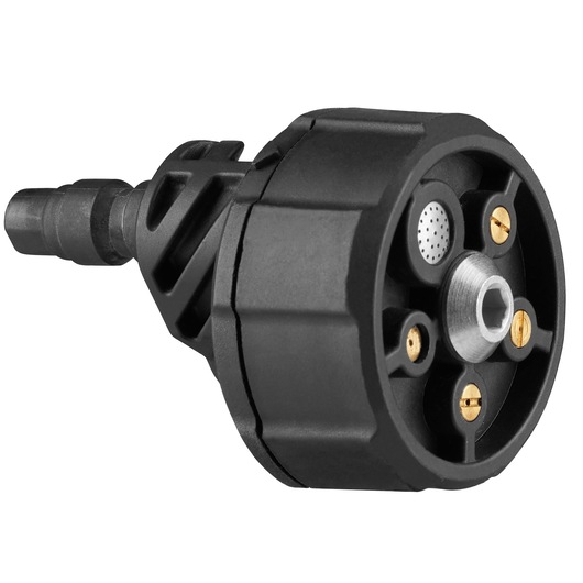 Close-up view of a BLACK+DECKER photography accessory, specifically a black adapter or connector with metal fittings and a threaded central opening.