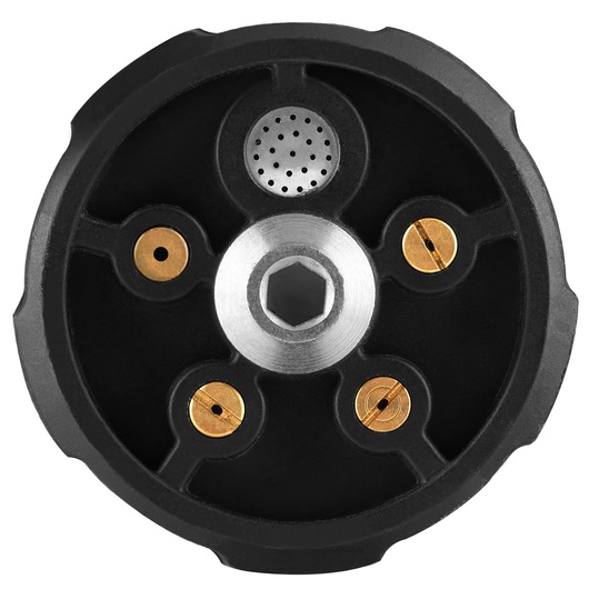 Close-up of a BLACK+DECKER photography accessory, featuring a round black and silver component with multiple brass and metal inserts.