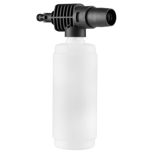 A BLACK+DECKER foam spray bottle attachment with a black plastic nozzle and connector, designed for use with pressure washers. The bottle is white and cylindrical, with a wide base.