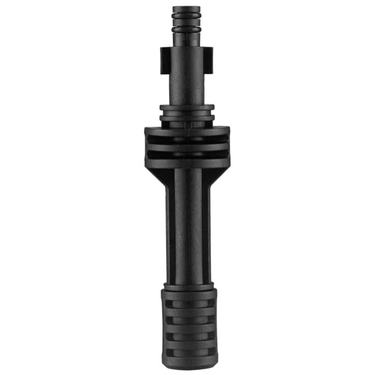 A BLACK+DECKER pressure washer adapter accessory, made from black durable plastic, shown on a white background.