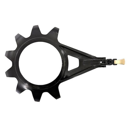 A Black+Decker photography accessory with a black circular gear-like design and an extending arm featuring a clasp mechanism, used for mounting or adjusting photographic equipment.
