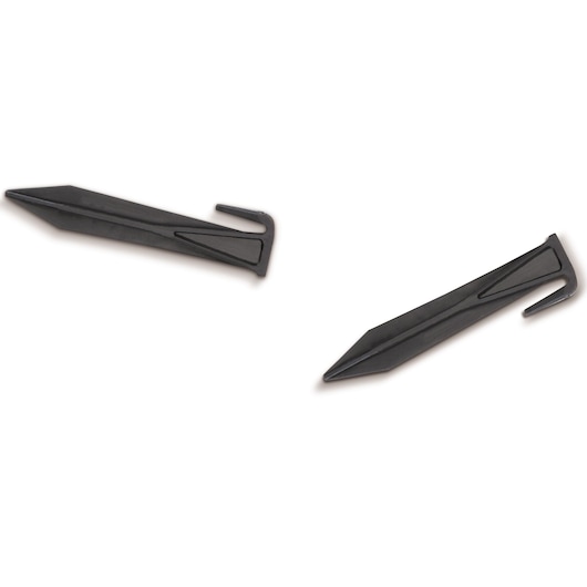 Two black plastic stakes with pointed ends and hooks, shown on a white background.