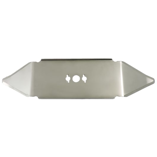A metal replacement blade for a lawn mower, featuring a straight central section with angled cutting edges on both ends and mounting holes in the center.