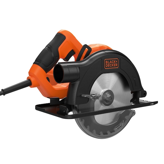 A BLACK+DECKER CS1200 electric circular saw with an orange and black handle and casing, featuring a visible silver saw blade and cord, designed for cutting wood and other materials.