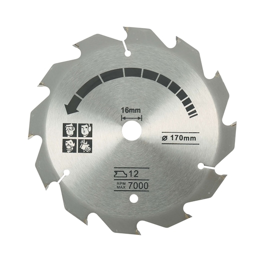 BLACKDECKER CS1250LA saw blade, 170mm diameter, 16mm arbor, silver, close-up on white background.