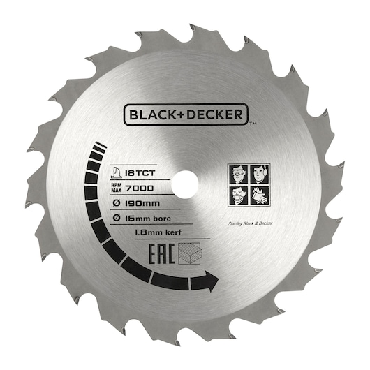 Photo of BLACK+DECKER CS1250LA circular saw blade, 18 TCT teeth, 190mm diameter, 16mm bore, silver, front view.