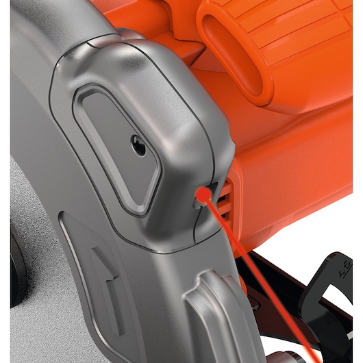 Close-up photo of BLACK+DECKER circular saw CS1250LKA showing integrated red laser guide for precise cutting.