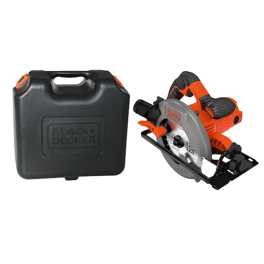 Photo of BLACKDECKER CS1550K circular saw with black carrying case, shown from front side on white background.