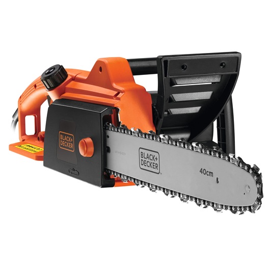 A BLACK+DECKER electric chainsaw with an orange and black body and a 40cm metal chain bar.