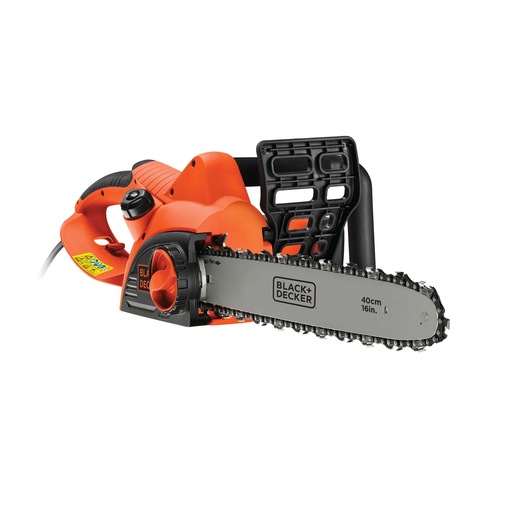 A BLACK+DECKER electric chainsaw with an orange and black handle, featuring a 40 cm (16 inch) blade and safety guard, shown on a white background.