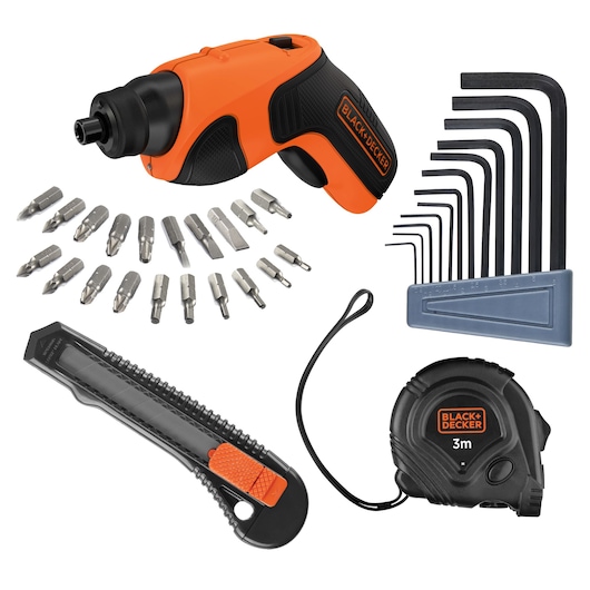 BLACK+DECKER CS3651LCA35 cordless screwdriver set with multiple bits, hex keys, utility knife, and 3m tape measure, front angle.