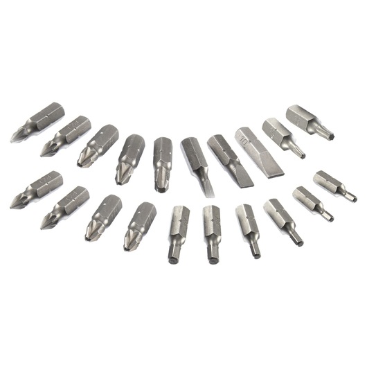 BLACKDECKER CS3651LCA35 screwdriver bits set, silver, assorted types, arranged in semi-circle, front angle.