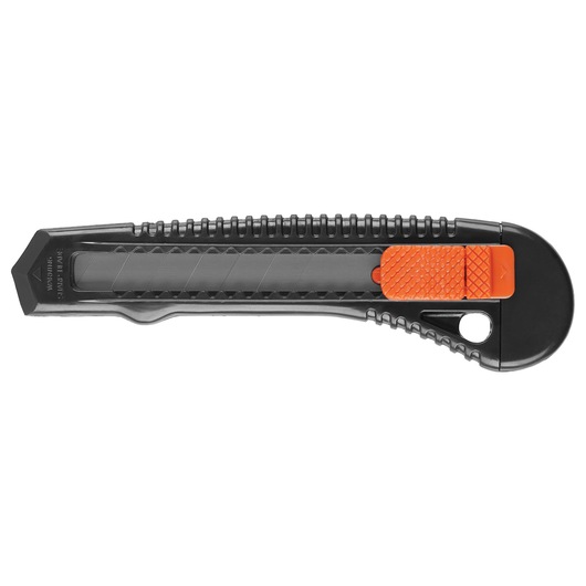 BLACKDECKER CS3651LCA35 utility knife with black handle and orange slider, left-side angle, white background.
