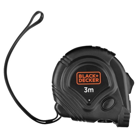 BLACK+DECKER CS3651LCA35 black 3m tape measure, side view with lanyard, photography