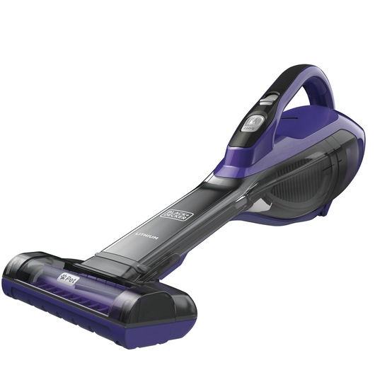 A purple and black handheld vacuum cleaner with a transparent dust container, from the BLACK+DECKER brand. The vacuum has a lithium battery and a pet hair attachment.
