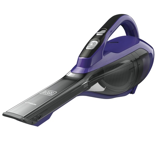 A BLACK+DECKER handheld cordless vacuum cleaner with a purple and black design, featuring a transparent dust container and a long, narrow nozzle.