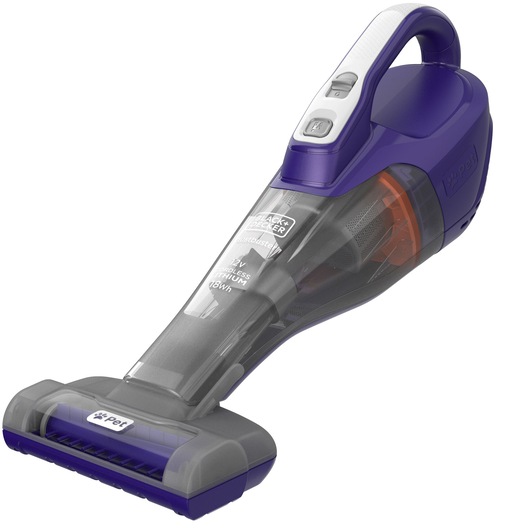 A BLACK+DECKER handheld cordless vacuum cleaner in dark purple and grey, designed for pet hair, with a special brush attachment and ergonomic handle.