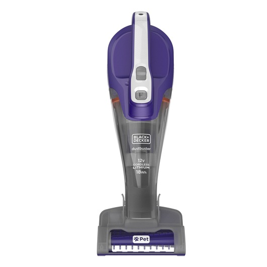 Front view of a BLACK+DECKER Dustbuster handheld vacuum cleaner with a purple and grey design, labeled as suitable for pet hair. The device is cordless and has a lithium battery.