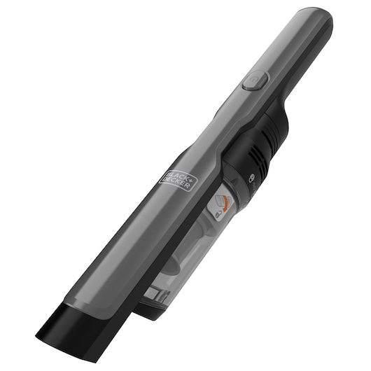 A BLACK+DECKER handheld vacuum cleaner in black and grey, shown from a side angle, displaying the dust container and power button.