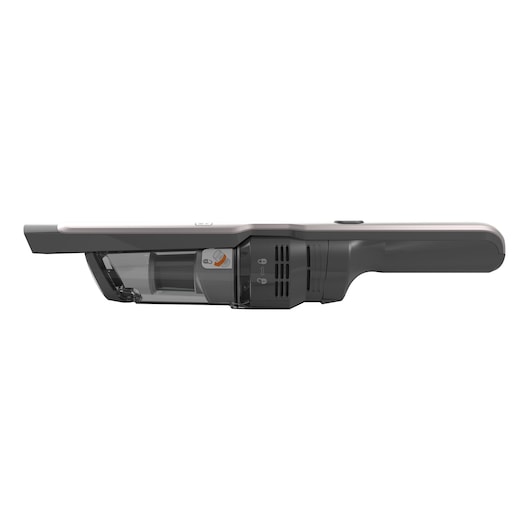 Side view of a Black+Decker handheld cordless vacuum cleaner, featuring a sleek grey and black design with visible dust container and filter mechanism.