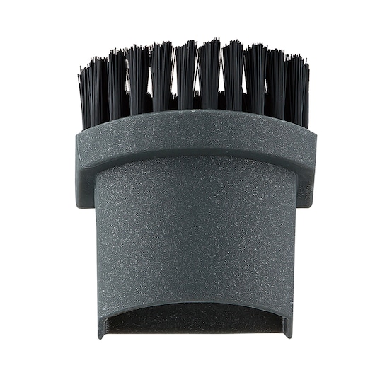 A close-up view of a grey cylindrical vacuum brush attachment with black synthetic bristles, photographed on a plain white background.
