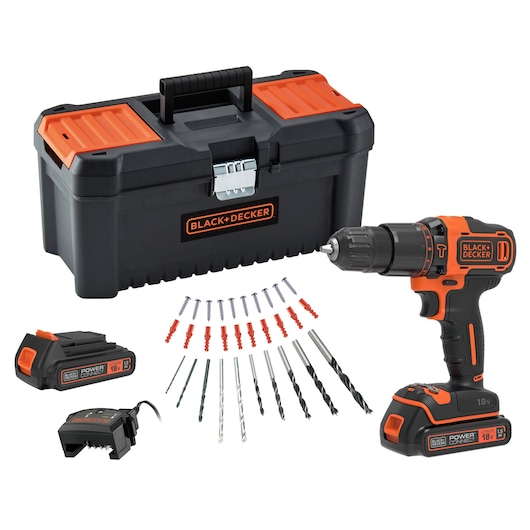 18V Cordless 2 Gear Hammer Drill kit with all accessories.